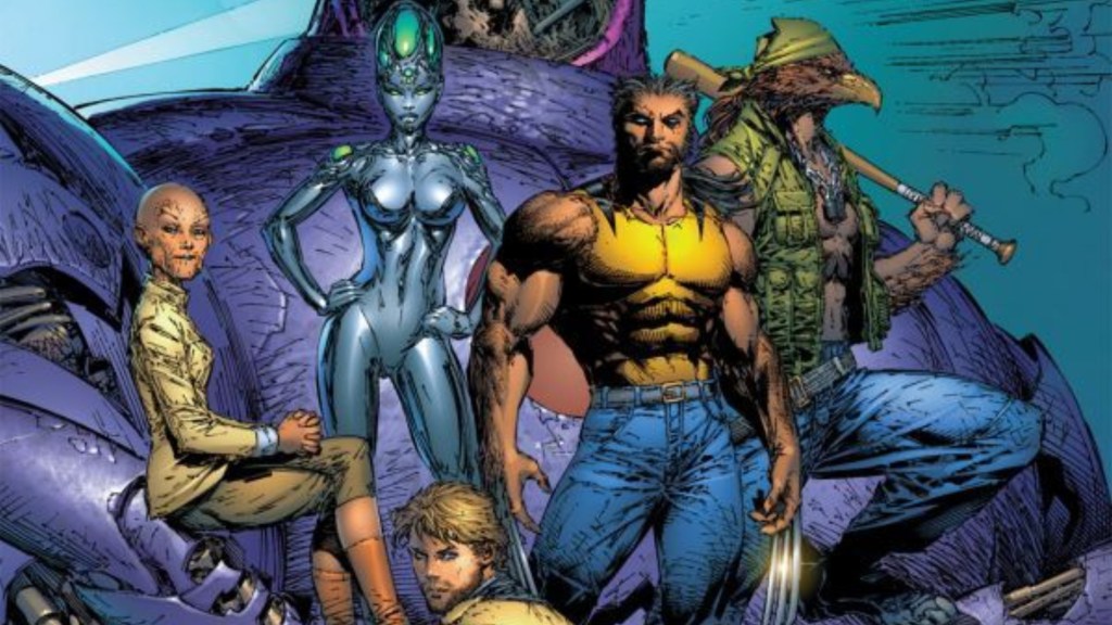 Cassandra Nova, EVA, Wolverine, Beak, and Tom Skylark with a Sentinel