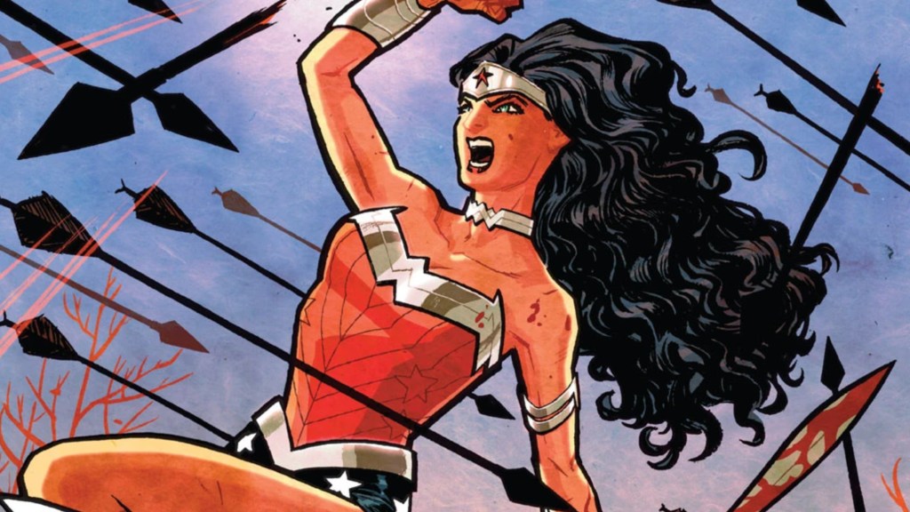 Wonder Woman jumping into a bunch of arrows