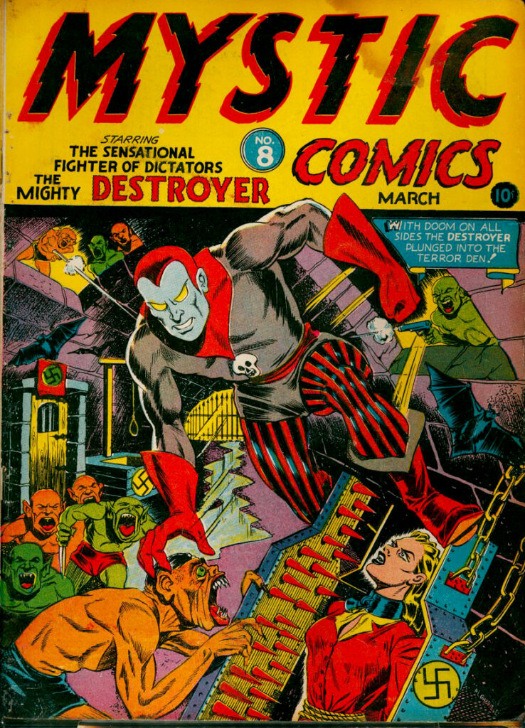 The cover of Mystic Comics #8, published by Timely Comics, precursor to Marvel Comics, with a cover date of March 1942, cover art by Al Gabriele, featuring the Golden Age superhero The Destroyer (Kevin "Keen" Marlow), a character created by Stan Lee and Jack Binder