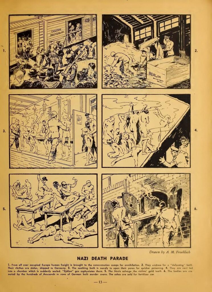 "Nazi Death Parade" is a six-panel comic strip drawn by August M. Froehlich and published in New York in 1944 by Arco Publishing Company in The Bloody Record of Nazi Atrocities. It is recognized by historians as one of the earliest sequential art depictions of the systematic extermination and atrocities of the Holocaust