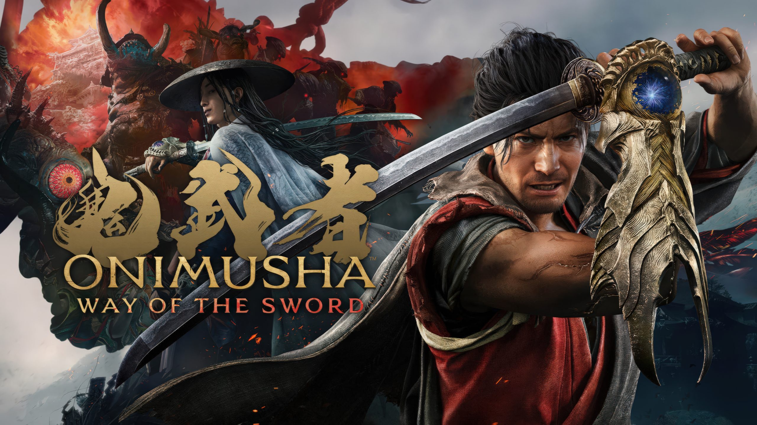 Two warriors wielding swords are featured in a promotional image for the game titled 'Onimusha: Way of the Sword.'