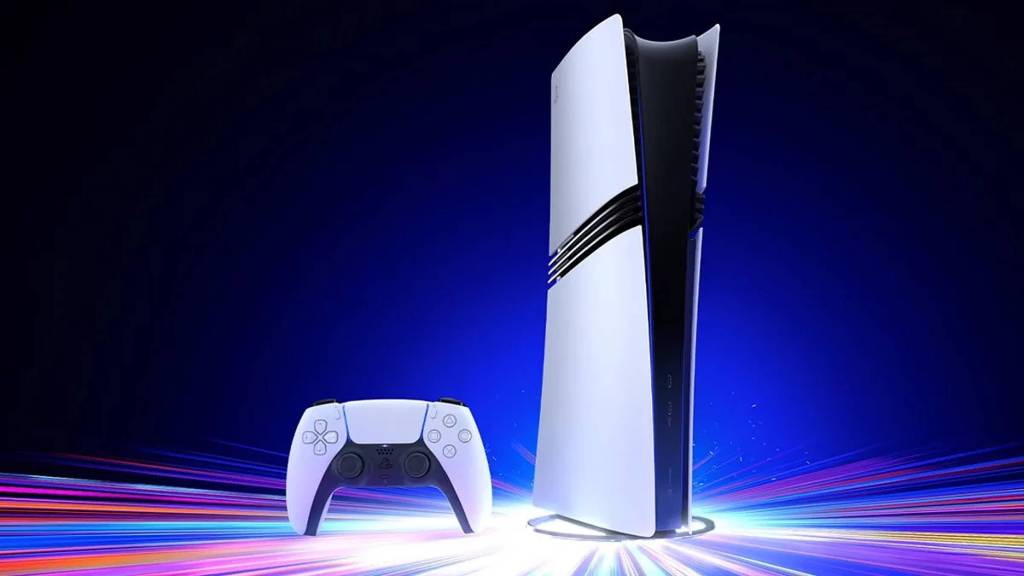 The PS5 Pro next to a controller with multicolored beams shooting away from it.