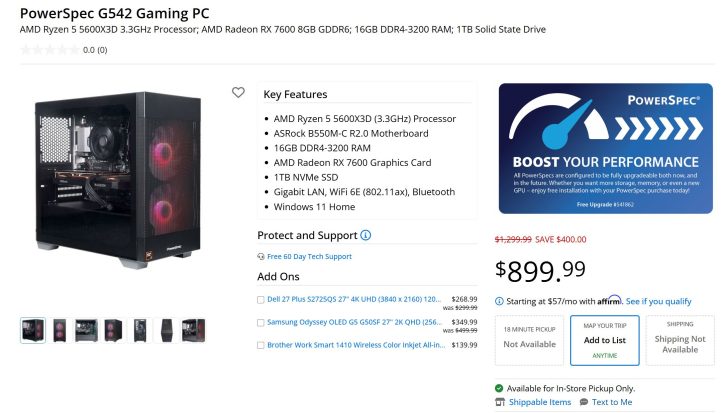 The image shows a PowerSpec G542 Gaming PC featuring an AMD Ryzen 5 5600X3D processor, AMD Radeon RX 7600 graphics card, 16GB DDR4-3200 RAM, and 1TB NVMe SSD, priced at $899.99 with a $400 discount.