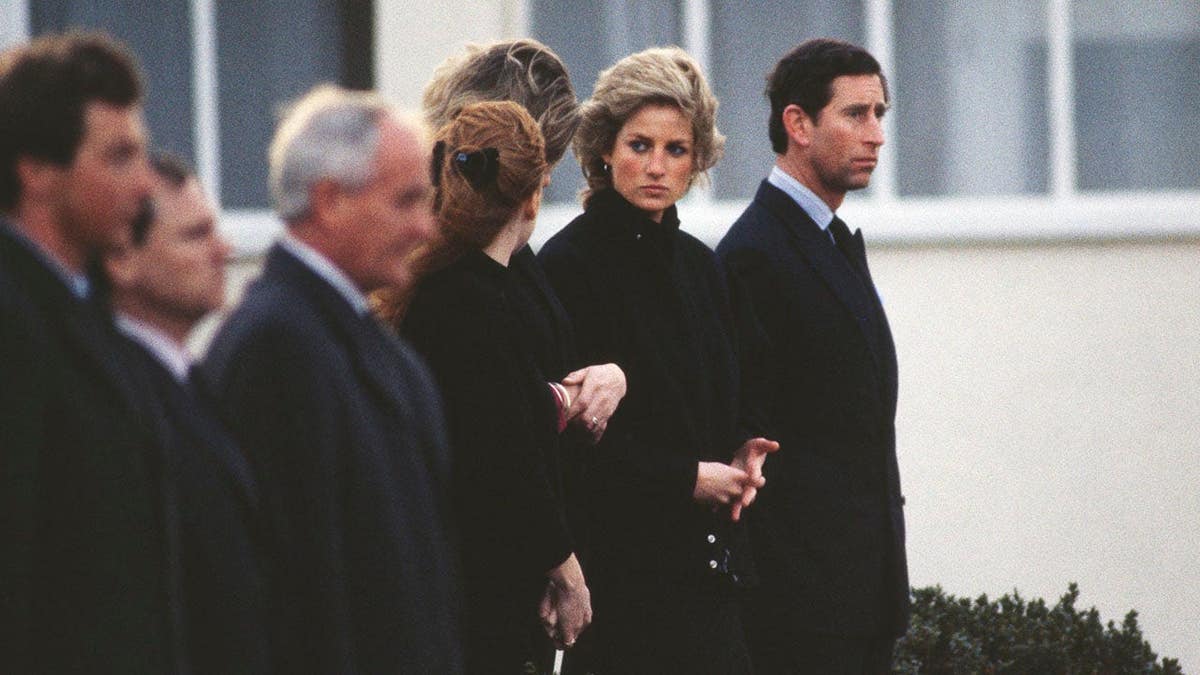 Prince Charles, Diana, Princess of Wales and Sarah Ferguson arrive at RAF Northolt in London.