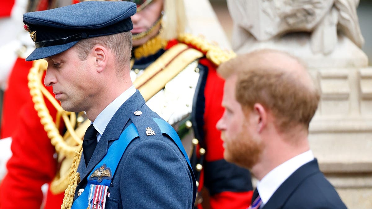 Prince William in uniform walking ahead of Prince Harry in a dark suit.
