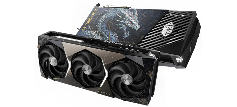 A custom MSI GeForce RTX 4090 graphics card featuring a dragon design and triple-fan cooling system.