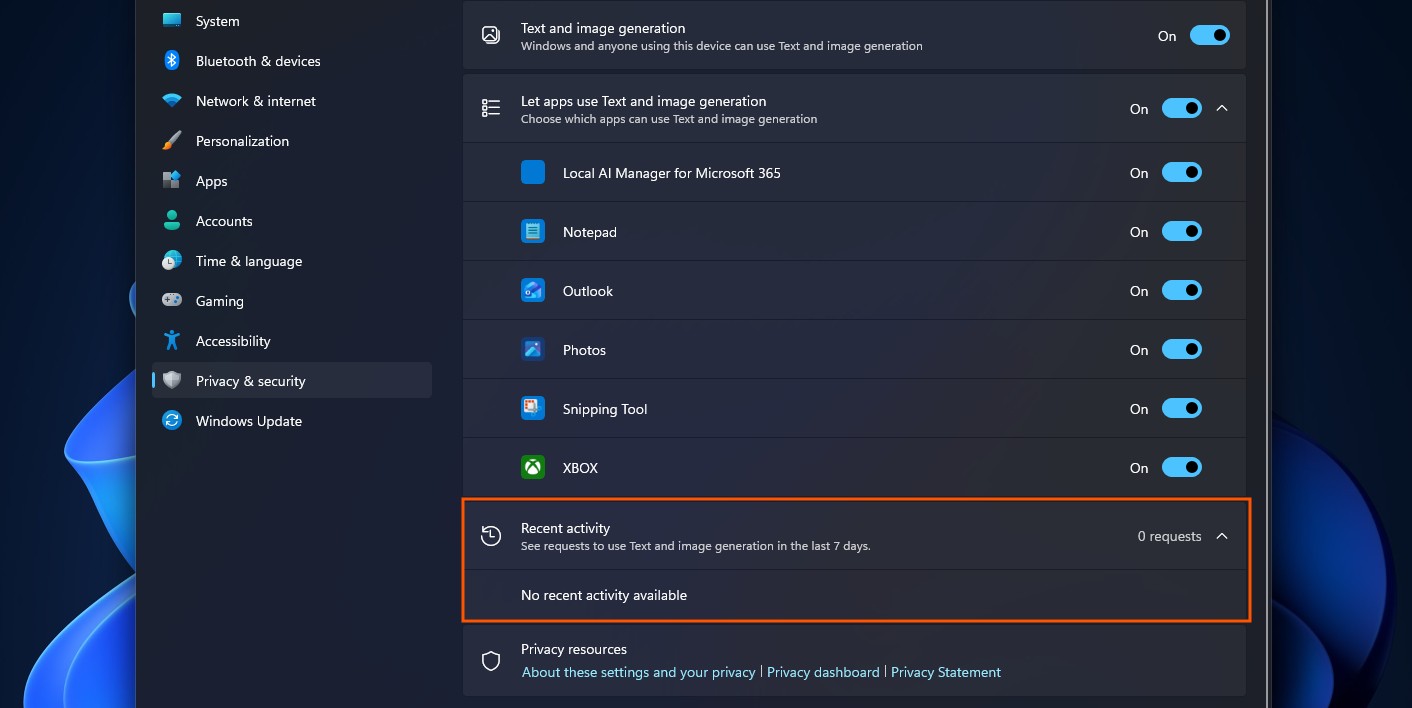 Recent activity in the Text and image generation privacy page shows 0 requests