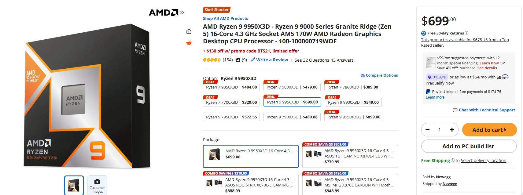 The image shows the AMD Ryzen 9 9950X3D 16-core 4.3 GHz desktop CPU listing on a website, priced at $699, with a promotional discount of $130 using promo code BTS21.