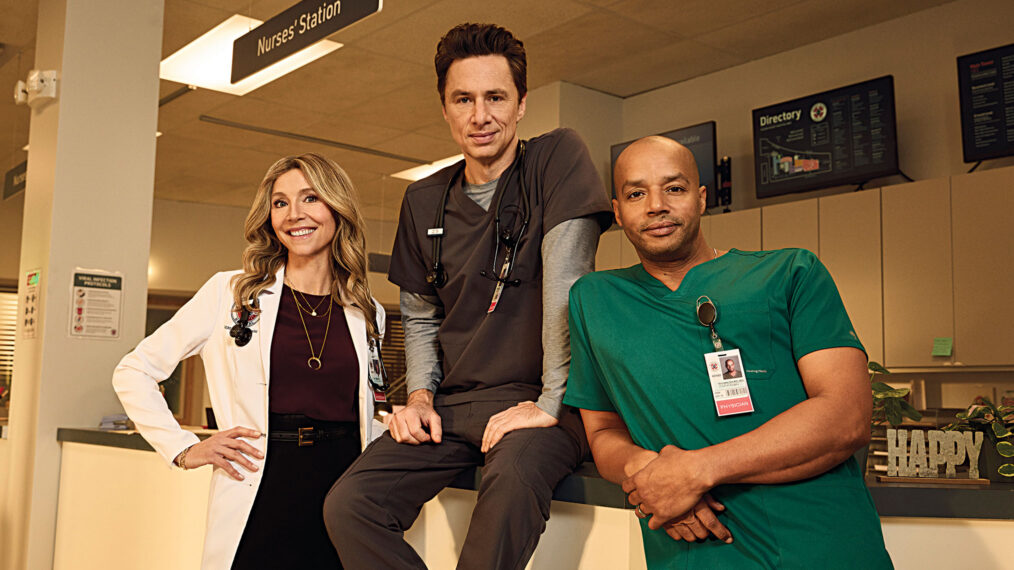 SCRUBS - ABC's “Scrubs” stars Sarah Chalke as Elliot Reid, Zach Braff as John "J.D." Dorian, and Donald Faison as Christopher