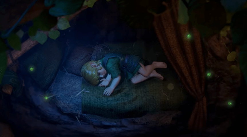 Link is sleeping as the camera floats above him