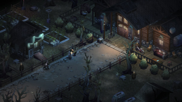 Walking down a dirt road between buildings at night in Shadowrun Dragonfall Director's Cut.