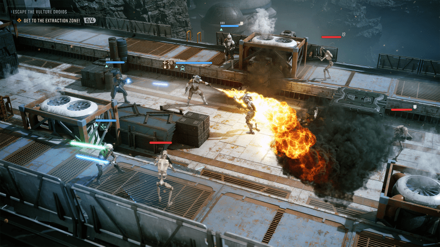 a screenshot from Star Wars Zero Company, showing a top-down battle map. A Mandalorian is toasting a droid with a flamethrower, and a Jedi with two light sabers can be seen