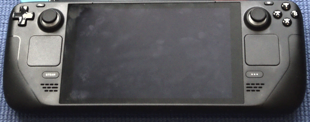 Steam Deck handheld console shown from the front with its screen off