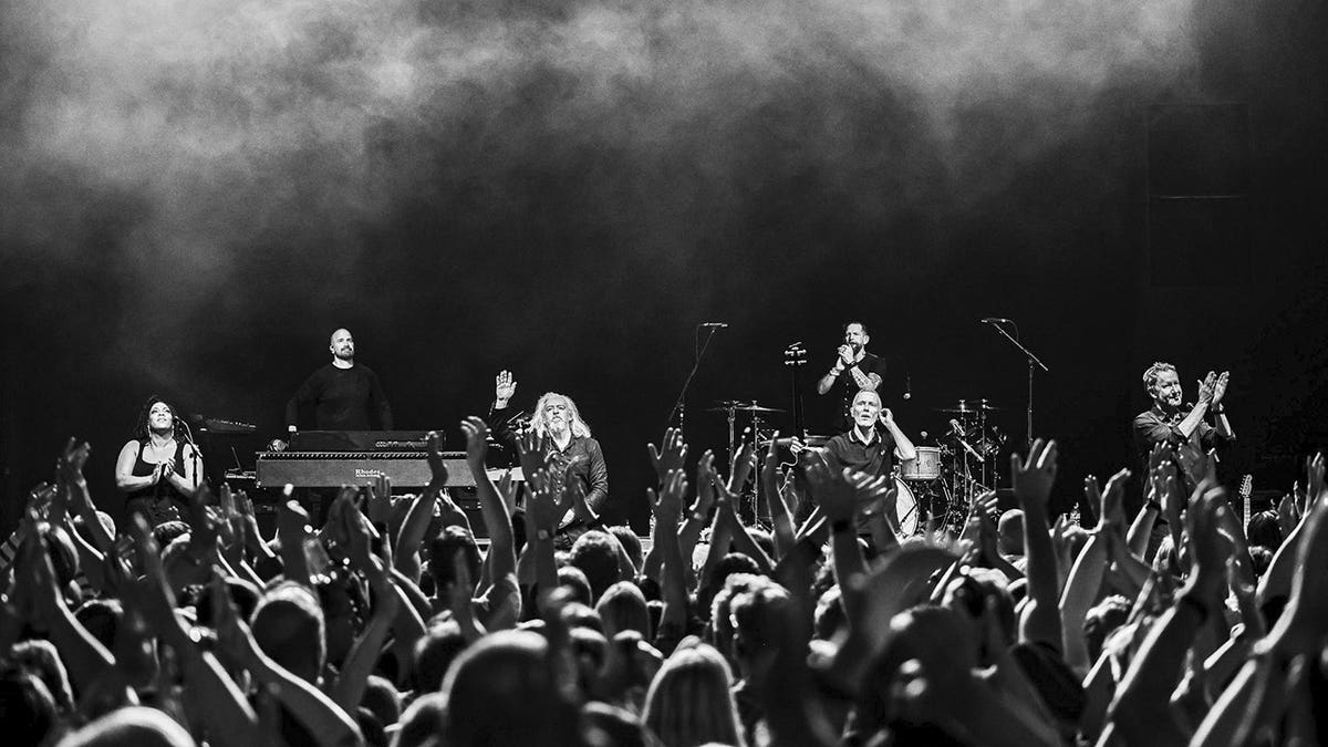 An aerial view of Tears for Fears performing in concert.