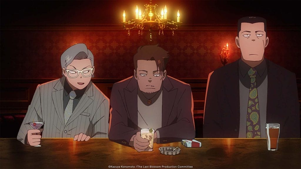 Still from The Last Blossom that depicts three yakuza chatting in a dimly-lit bar