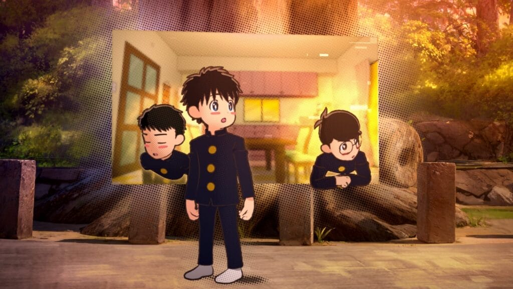 Still from the Thunder 3 anime that depicts three school-aged boys traveling through a portal from an animated world to a photorealistic park setting
