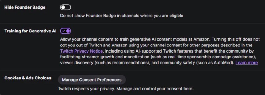 Twitch's opt out feature for AI training.