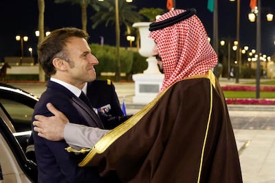 Saudi Crown Prince Mohammed bin Salman with French President Emmanuel Macron in Riyadh in December 2024. AFP