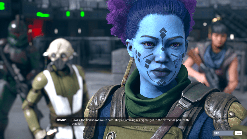 closeup of Hawks, a blue female alien with purple hair and geometric tattoos. behind her are a clone trooper, an alien Jedi and a woman with a blaster rifle. Text at the bottom says "Bennic: Hawks, the Coil knows we're here. They're jamming our signal, get to the extraction point with that list!"