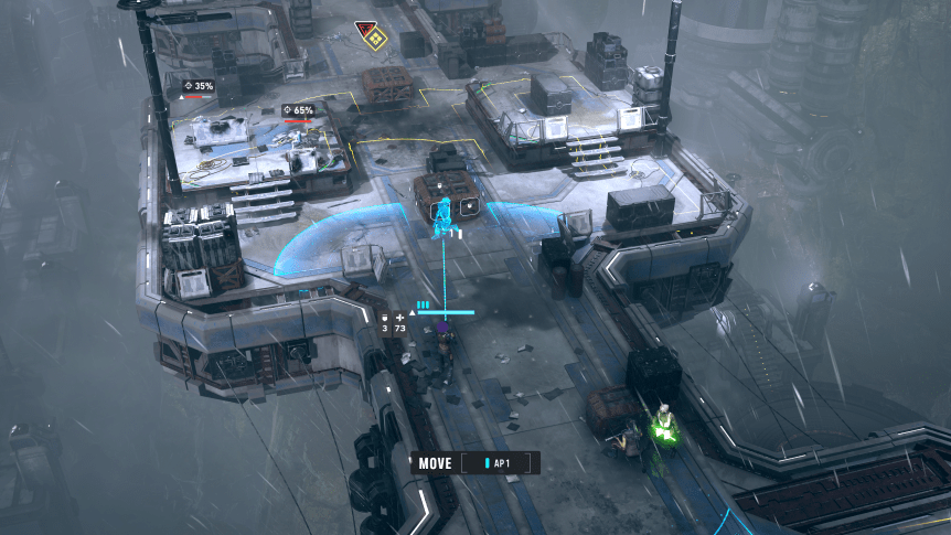 an overhead shot of a battlefield. it's a space dock in the rain. we see a hologram of Hawks crouching next to cover, with a light blue line connecting it to the real Hawks - it shows how far she can move. at the top left are two robot enemies with percentages above their heads showing Hawks' chance to hit them.
