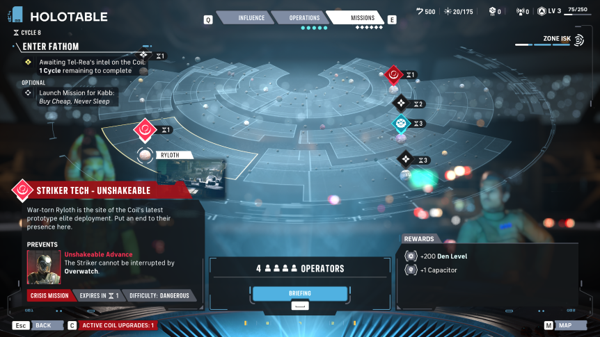 the HoloTable, showing a disc divided into sectors with several planets highlighted, each with various icons
