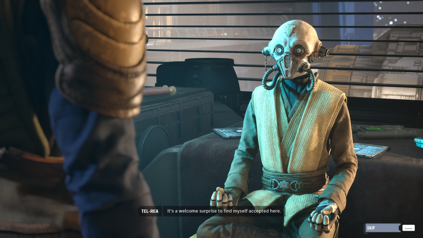 a cybernetically altered alien called a Tognath, dressed in Jedi robes sitting in the lotus position. text: "Tel-Rea: It's a welcome surprise to find myself accepted here."