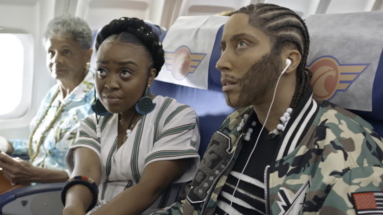 Quinta Brunson and Robin Thede as Lachel and Chris on a plane in A Black Lady Sketch Show