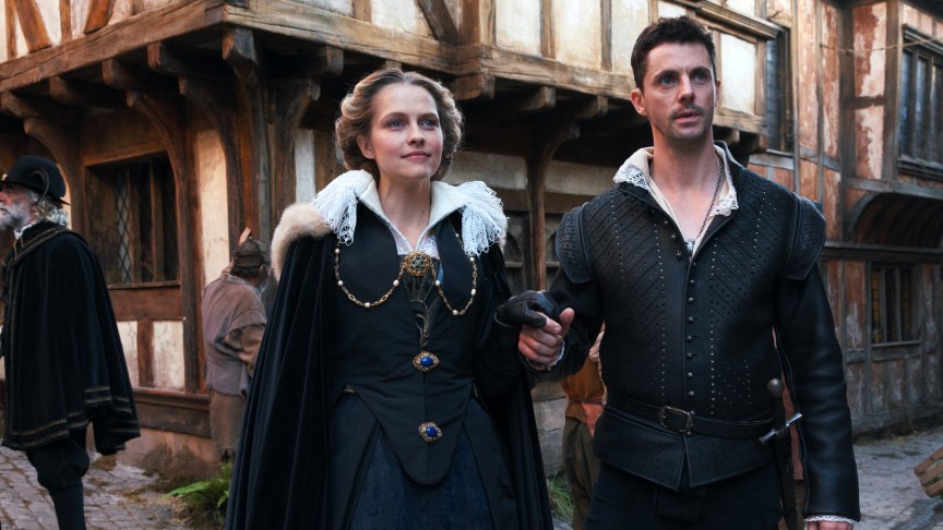 Teresa Palmer and Matthew Goode in period clothes for A Discovery of Witches on Netflix.