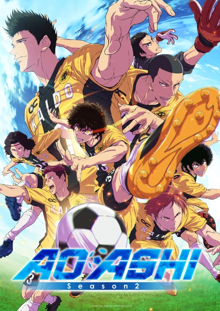 Key visual for the second season of AOASHI, which depicts the main cast posing on the soccer pitch