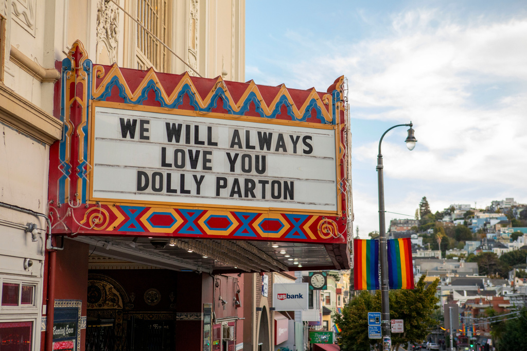 The marquee of the Castro Theater honors country singer Dolly Parton in the Castro District of San Francisco on Tuesday, Aug. 25, 2026.