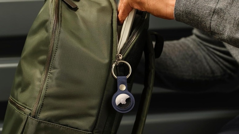 The Apple AirTag 2 Bluetooth tracker attached to a backpack.