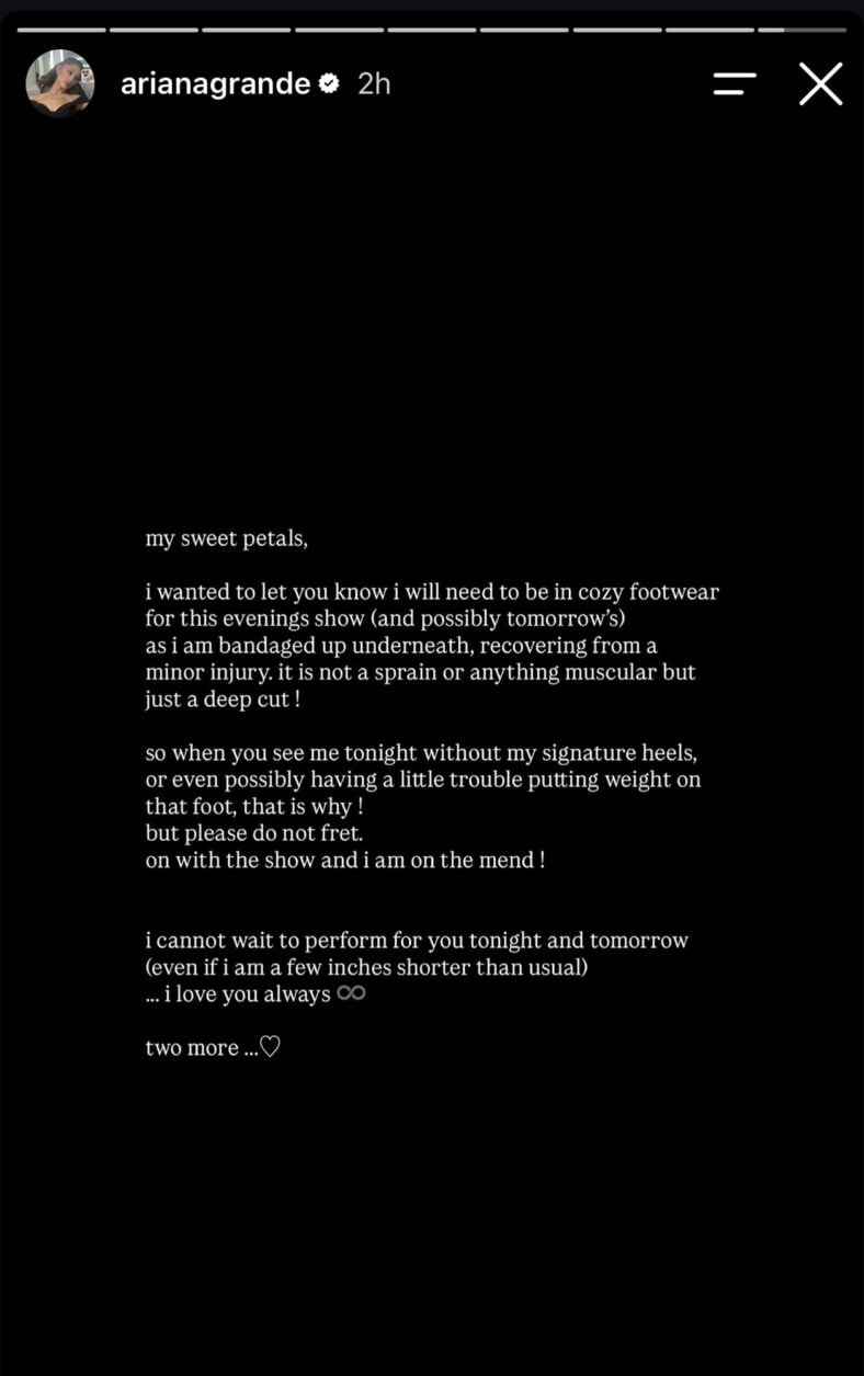 Ariana Grande note to fans about her injury on foot