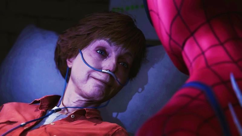 Aunt May dying in a hospital bed in Insomniac's Spider-Man as Peter Parker sits beside her.