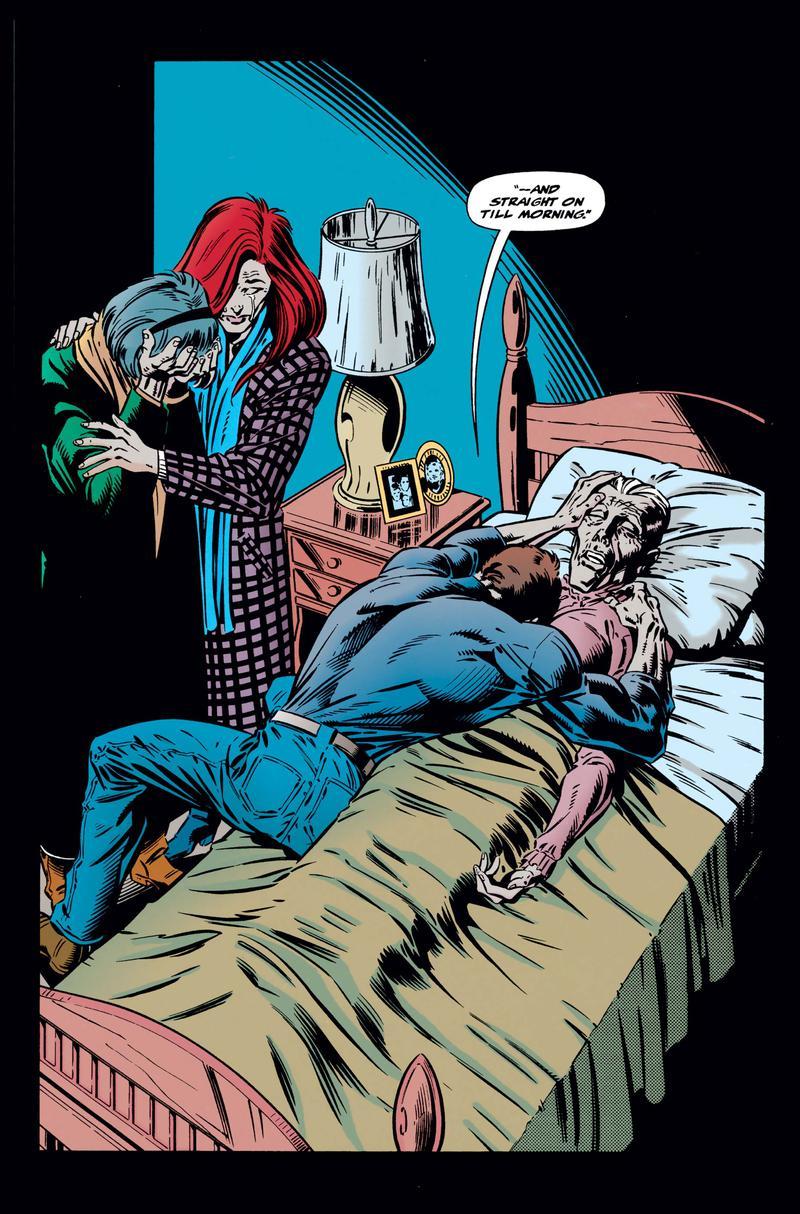 Aunt May dying in her bed, surrounded by Anna Watson, Mary Jane Watson, and Peter Parker.