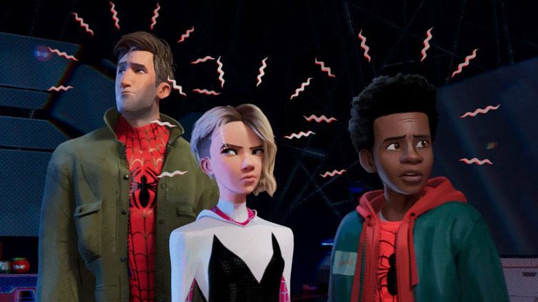 Peter B. Parker, Gwen Stacy, and Miles Morales feel Spidey sense in Spider-Man: Into the Spider-Verse
