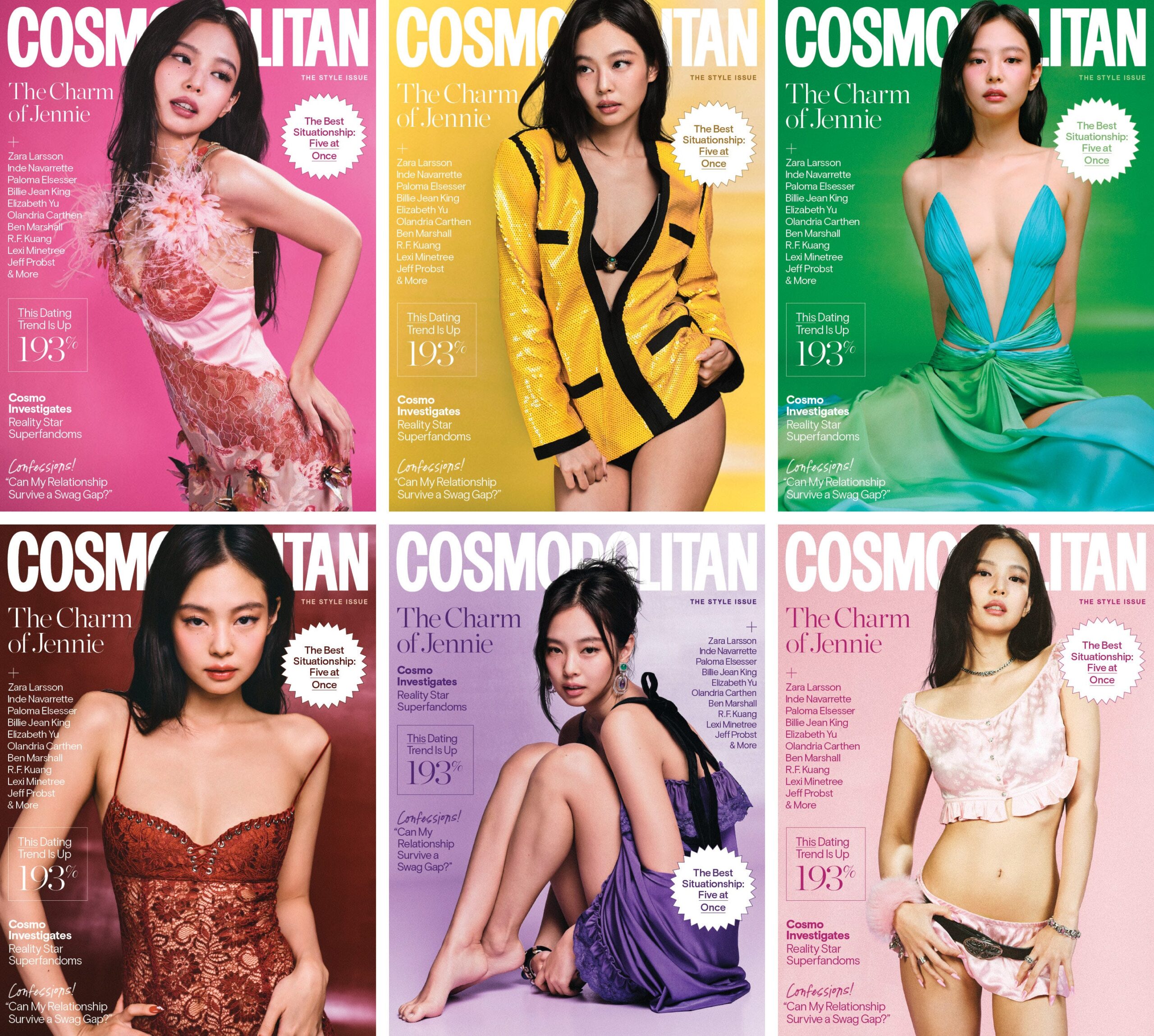 Various covers of Cosmopolitan magazine featuring a model named Jennie in diverse outfits and styles.