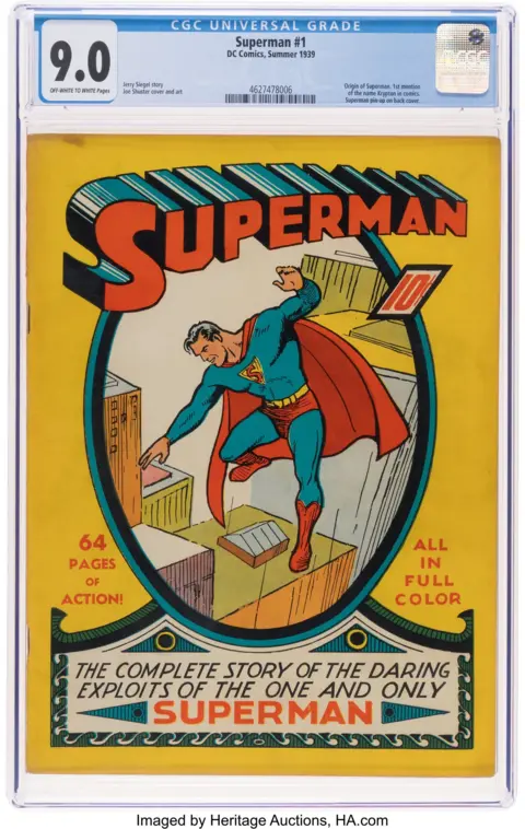 Heritage Auctions / HA.com view of the Superman #1 comic book's front cover, showing Superman flying over city skyscrapers