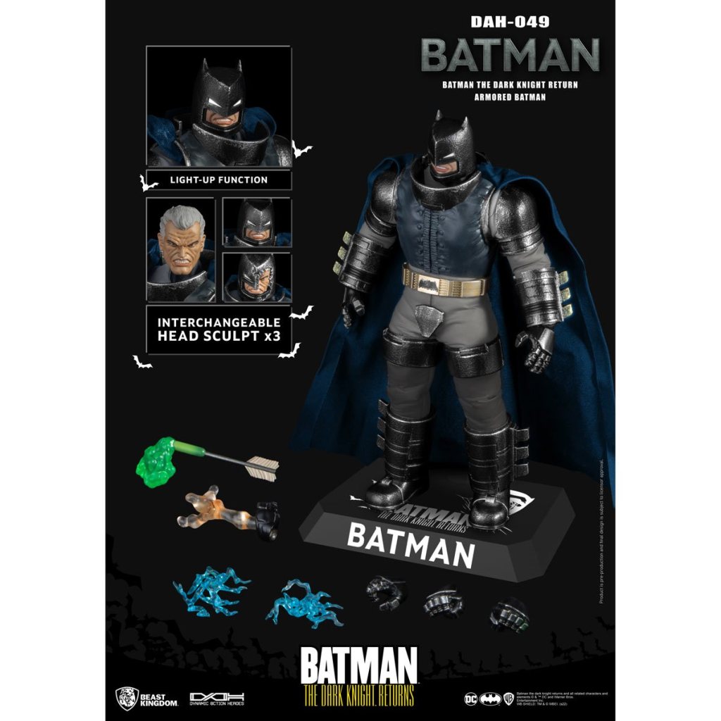 Beast Kingdom Armored Batman DAH-049 figure set displaying interchangeable head sculpts, accessories, and display base.