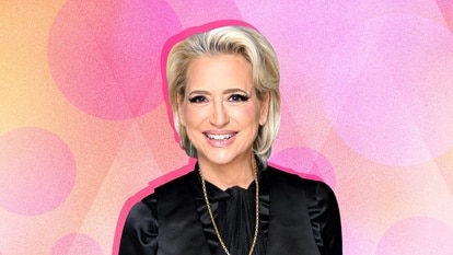 Dorinda Medley on a pastel orange and pink background with a fine grain overlay