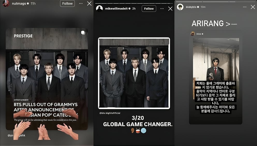 Left Panel: An Instagram story by @nutmags reposting a Prestige article graphic. The graphic shows the seven members of BTS in formal gray and black suits under the headline: "BTS PULLS OUT OF GRAMMYS AFTER ANNOUNCEMENT OF 'ASIAN POP' CATEGORY. The group will not be submitting their music for consideration this year." Several clapping hand emojis are overlaid across the bottom of the post.

Middle Panel: An Instagram story by music producer @mikewillmadeit sharing a photo of BTS in suits tagged @bts.bighitofficial. Below the photo, bold text reads "3/20 GLOBAL GAME CHANGER." followed by ear, drum, and globe emojis.

Right Panel: An Instagram story by Tablo (@blobyblo) with the text "ARIRANG > GRAMMYS" displayed at the top. It reshares a story from RM (@rkive) showing a photo of RM wearing sunglasses and a suit, holding a rolled newspaper. Overlaying the photo is a message in Korean explaining that the group chose not to submit to the Grammys, wishing for music to be appreciated as it is without regional or language barriers, and expressing gratitude to ARMY.