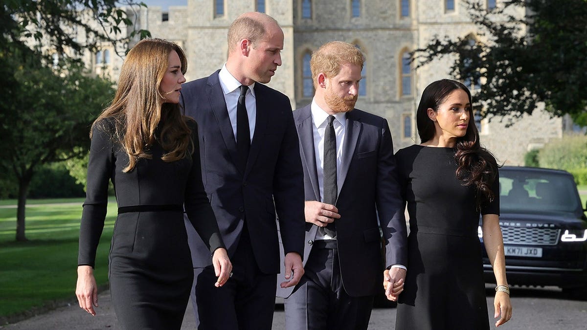 Catherine Princess of Wales Prince William Prince Harry and Meghan Duchess of Sussex walking at Windsor Castle