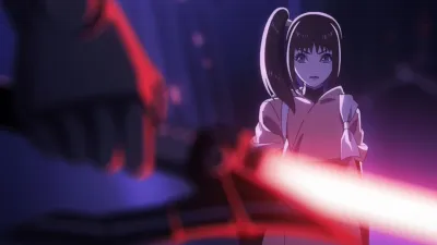 Kara faces an enemy with a red lightsaber.
