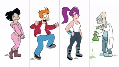 Side-by-side character images of Amy Wong, Fry, Leela, and Professor Farnsworth from Futurama