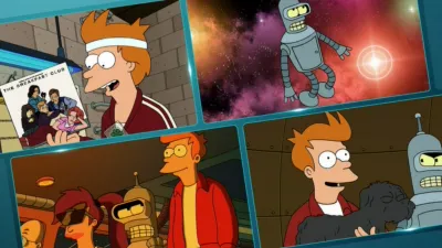 A collage of four scenes from the animated television show Futurama features the characters Fry, Bender, and Leela in various settings, including Fry holding a copy of The Breakfast Club soundtrack and Fry holding a dog.