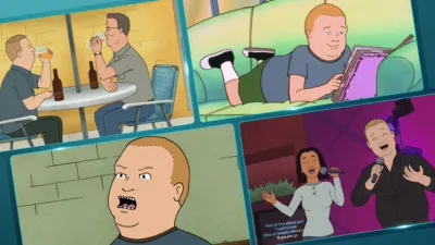 A collage of screenshots from the animated series King of the Hill depicts Bobby Hill in various scenes, including drinking beers with Hank, looking at a scrapbook, reacting with shock, and singing karaoke with Connie.