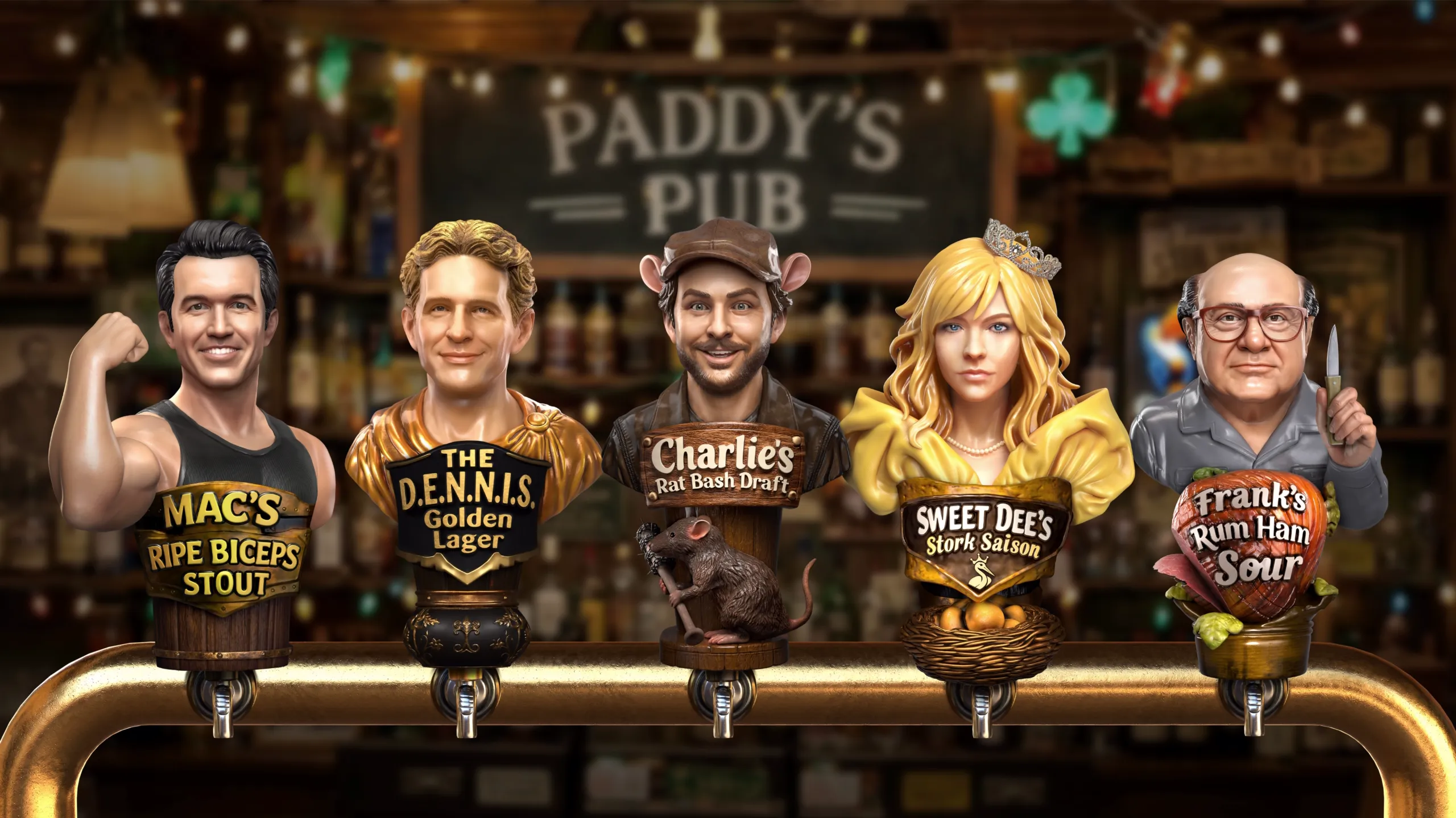 An official promotional poster for It's Always Sunny in Philadelphia features five custom novelty beer tap handles lined up across a bar rail inside the dimly lit, festive setting of Paddy's Pub.