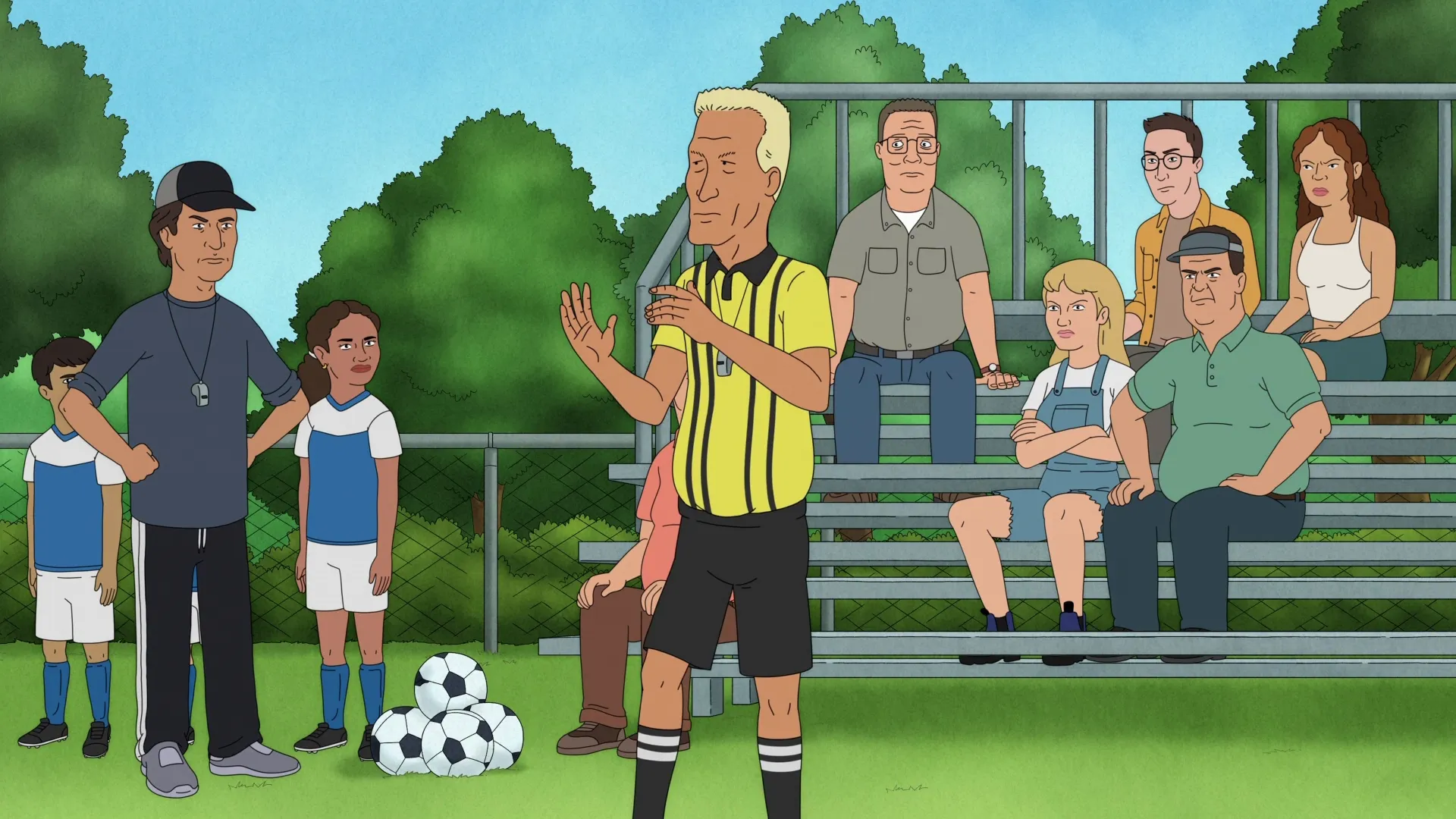 Hank watches a soccer game in Season 14, Episode 5, titled "New Ref in Town"