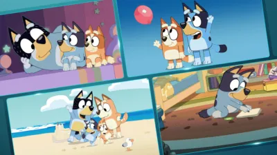 A collage of four scenes from the animated series Bluey shows the blue heeler and her family interacting, playing with a red balloon, visiting the beach, and drawing.