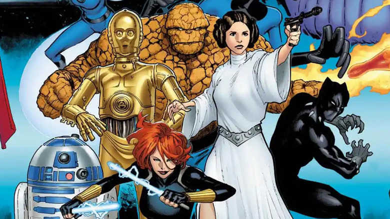 The Thing, C-3PO, Princess Leia, Black Panther, and R2-D2 prepare for battle in "Star Wars/Marvel: Hope Assembles"