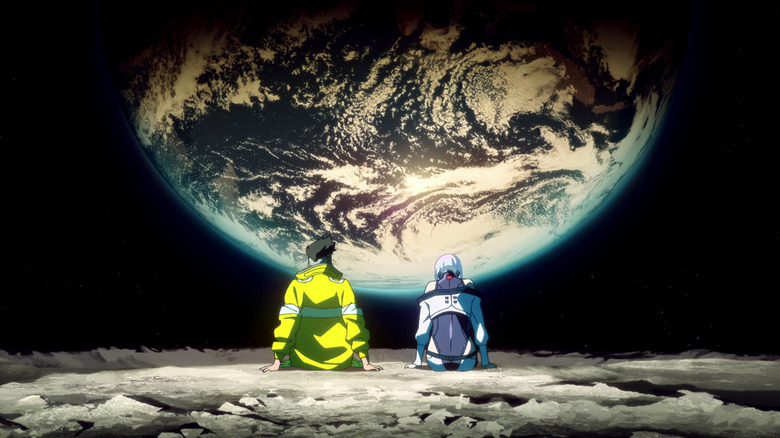 David Martinez and Lucy Kushinada observe the Earth from the Moon in Cyberpunk: Edgerunners